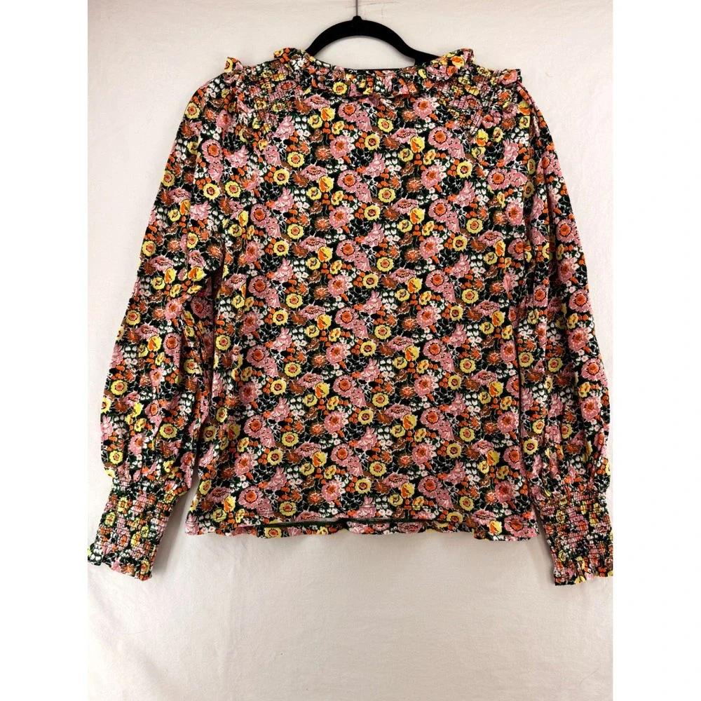 Boden Women Floral Cotton Smocked Ruffle Split Neck Top‎ Multicolor US 6
